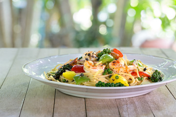 Spaghetti Prawns Stir Black pepper sauce Delicious Thai food