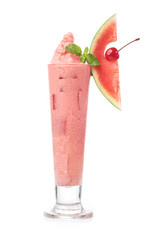 watermelon juice with cherry decoration in white background