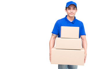 Deliveryman holding cardboard box isolated on white background