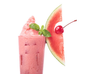 watermelon juice with cherry decoration in white background