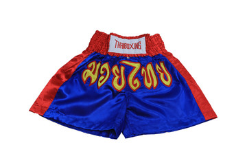 Products from Thailand, Thai boxing pants man isolated white, which thai text on pant is normally...