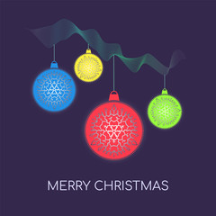 Merry Christmas or New Year background with colorful shiny balls, decorated with hand drawn snowflakes. Bright Christmas baubles elements for winter holidays banners, greeting cards, web design
