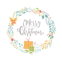 Cute gift cards with wreath, presents and hand drawn Christmas lettering.