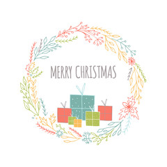 Cute gift cards with wreath, presents and hand drawn Christmas lettering.