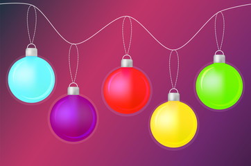 Obraz premium Merry Christmas color shiny balls on gradient purple background. Bright New Year or Christmas baubles elements for winter holidays banner, greeting cards, web design