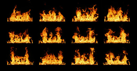 Fire flames collection isolated on black