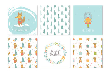Obraz premium Set of 6 cute Christmas gift cards with lettering Merry Christmas and patterns.