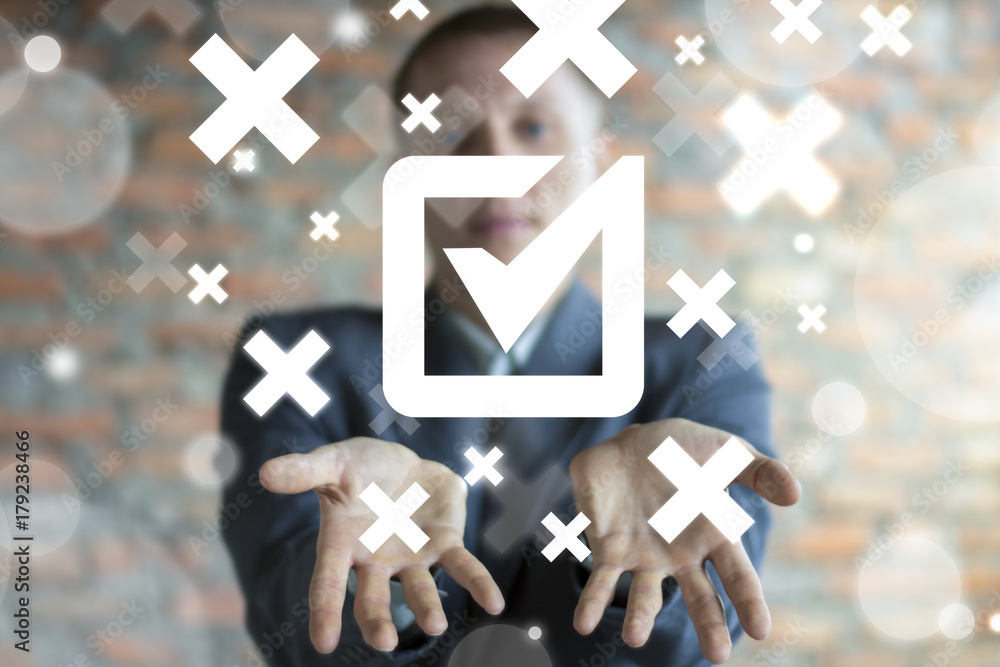Poster confirm (check mark) business concept. businessman on blurred background using virtual screen giving
