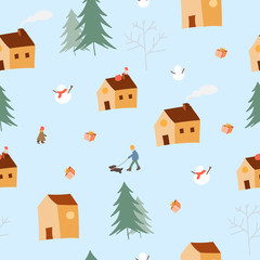 Village and pine forest in winter seamless pattern