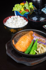 japanese cuisine. hot plate fish on the background