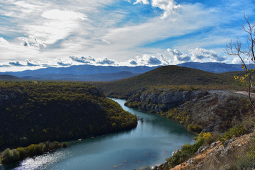 Beautiful panoramic view at river and autumn nature