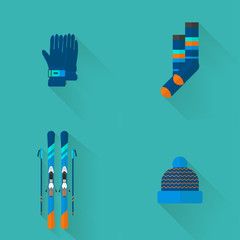 Winter sport icons collection. Skiing and snowboarding set equipment  in flat style design