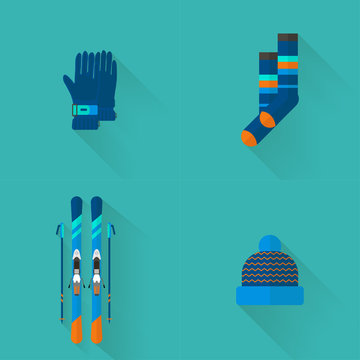Winter sport icons collection. Skiing and snowboarding set equipment  in flat style design