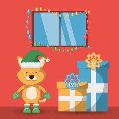 christmas cat with giftx boxes over red background colorful design vector illustration