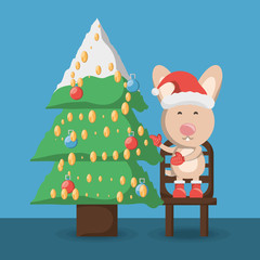 cartoon rabbit and christmas tree icon over blue background colorful design vector illustration
