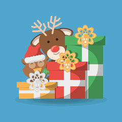 christmas deer and owl with gift boxes icon over blue background colorful design vector illustration