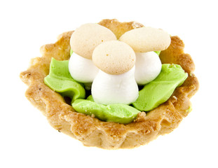 cake basket with mushrooms isolated on white background close-up