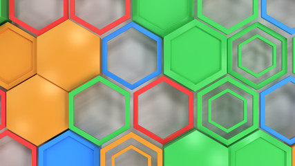 Abstract 3d background made of blue, red, green and orange hexagons on white background
