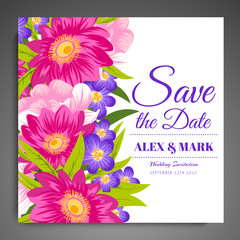 Greeting card with flowers, watercolor, can be used as invitation card for wedding, birthday and other holiday and summer background. Vector illustration. 