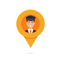 Taxi pin map pointer with avatar limo, taxi driver or cabbie. Vector illustration.
