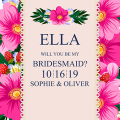 Greeting card with flowers, watercolor, can be used as invitation card for wedding, birthday and other holiday and summer background. Vector illustration. 