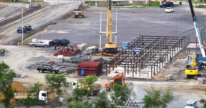 Timelapse of Operation construction equipment on ground for building and Factory