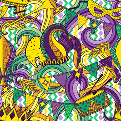 Obraz premium Mardi Gras seamless pattern. Colorful background with carnival mask and hats, jester hat, crowns, fleur de lis, feathers and ribbons. Vector illustration