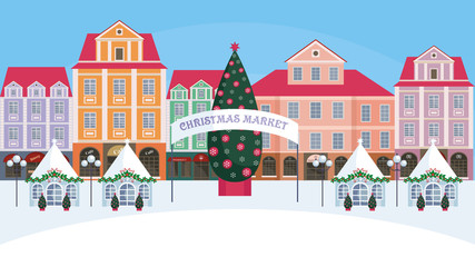 Christmas fair in the old town.  Vector background.