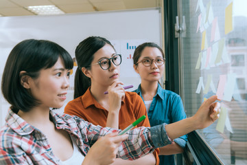 female designer team meeting on glass wall