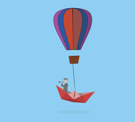 A paper boat rises with a man into the air in a hot air balloon. concept of success in business. vector illustration.
