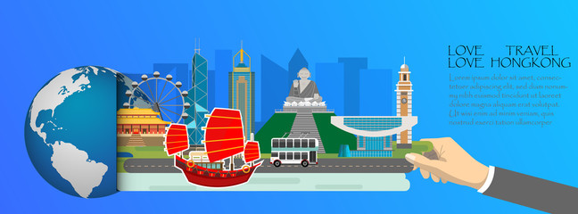 Naklejka premium Hongkong infographic , global with landmarks of Hongkong ,flat style.Love travel love Hongkong.