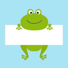 Funny frog hanging on paper board template. Big eyes. Kawaii animal body. Cute cartoon character. Baby card. Flat design style. Blue background Isolated
