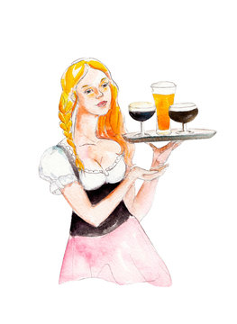 Bavarian girl with beer tray isolated on white background, hand-drawn watercolor illustration for octoberfest.