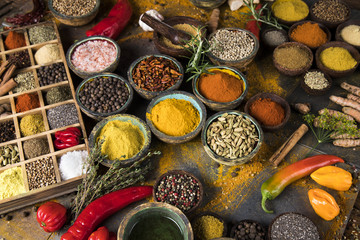 Assorted Spices in a wooden box