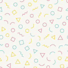 Seamless memphis pattern with light background with different shapes. Vector repeating texture.