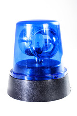 Police blue siren strobe studio photo. Emergency Light blue, spinning beacon. Glowing siren for cars. Fire protection signs. Isolated on white background. Danger.