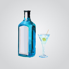 Traditional dry gin in blue bottle. Glass gin with green olive. Alcohol drink in hand drawn vector style.