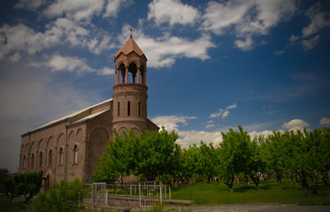 Fototapeta na wymiar Exterior view to Saint Mesrop Mashtots Church at Oshakan , Aragatsotn Province, Armenia