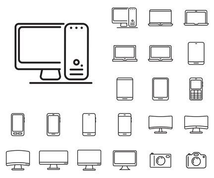 
Desktop icon in set on the white background. 
Set of thin, linear and modern electronic equipment icons.
Universal linear icons to use in web and mobile app.