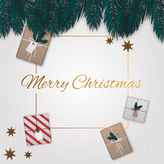 Fototapeta na wymiar Merry Christmas background with gifts, fir-tree branches and cinnamon. Vector illustration