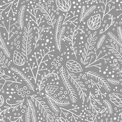 Winter seamless pattern. Hand drawn conifers: fir, larch, juniper, pine, spruce. Doodle vector illustration. - 179253672
