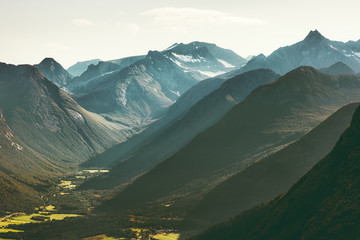 Fototapeta na wymiar Mountains Landscape view from Romsdalseggen ridge in Norway Travel scenery scandinavian nature