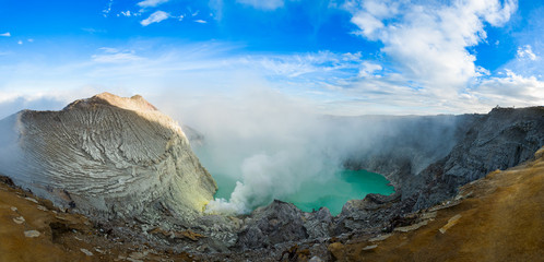 Lake and Sulfur Mine at Khawa Ijen Volcano Crater, Java Island, Indonesia