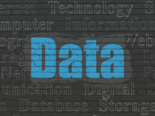 Information concept: Painted blue text Data on Black Brick wall background with  Tag Cloud