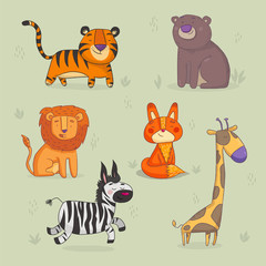 Naklejka premium Set of cute wild animals, hand drawn style. Vector illustration.