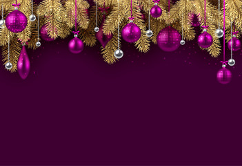 Violet Christmas background with spruce branches.