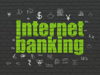 Currency concept: Painted green text Internet Banking on Black Brick wall background with  Hand Drawn Finance Icons