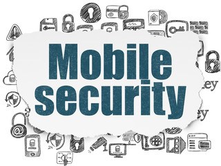 Safety concept: Painted blue text Mobile Security on Torn Paper background with  Hand Drawn Security Icons