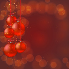 Red christmas balls hanging with ribbons vector background