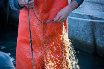 fisherman while cleaning the fishnet from the fish